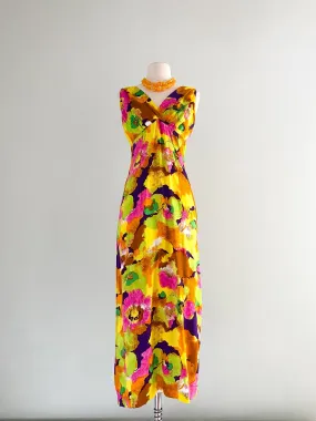 1960's Hilo Hattie Acid Floral Maxi Dress / Sz S/M