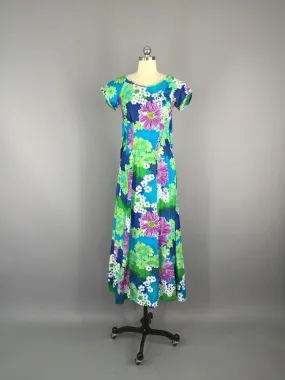 1960s Vintage Blue Hawaiian Maxi Dress