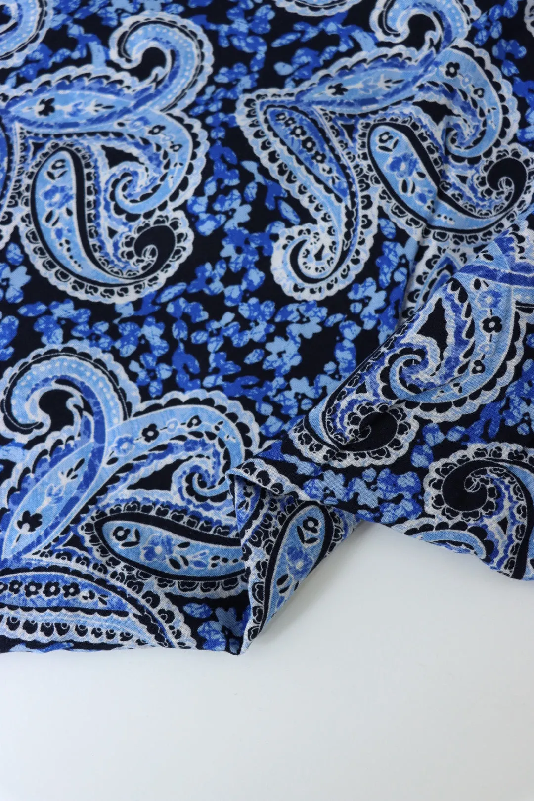 2YD 23IN REMNANT; Royal Paisley on Black Rayon Challis