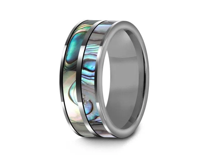 8MM Abalone Shell Tungsten  Wedding Band FLAT AND GRAY INTERIOR