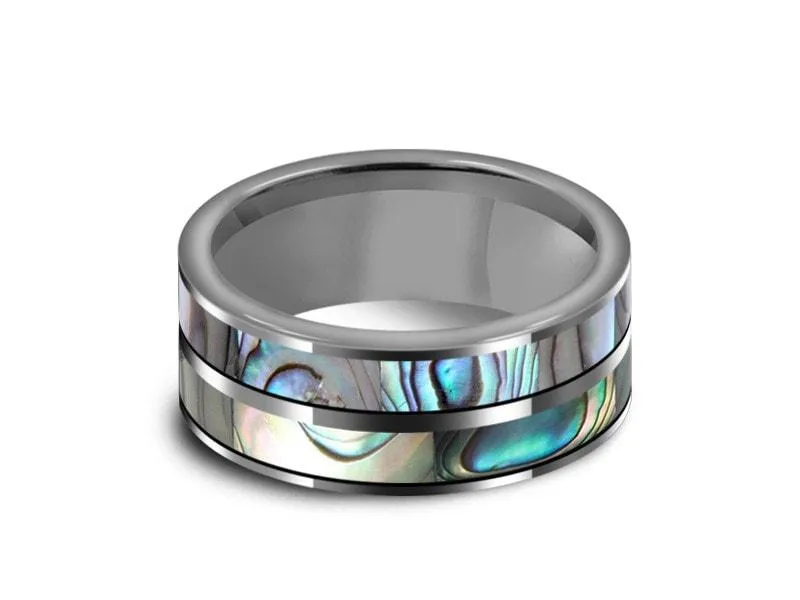 8MM Abalone Shell Tungsten  Wedding Band FLAT AND GRAY INTERIOR