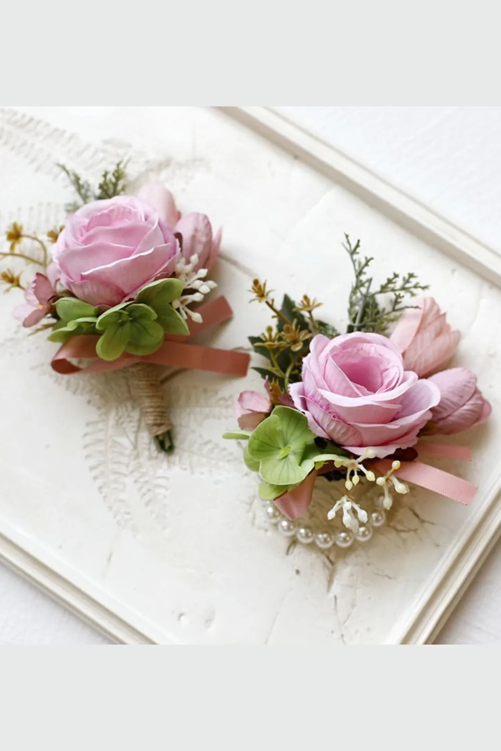 Apricot Prom Wrist Corsage and Men‘s Boutonniere For Wedding