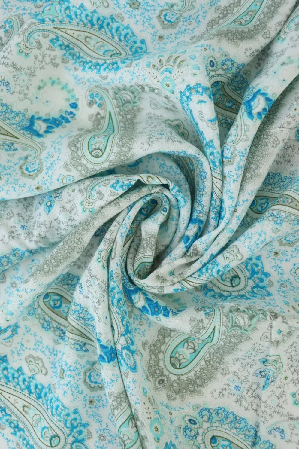 Aqua Blue Paisley on White Rayon Challis