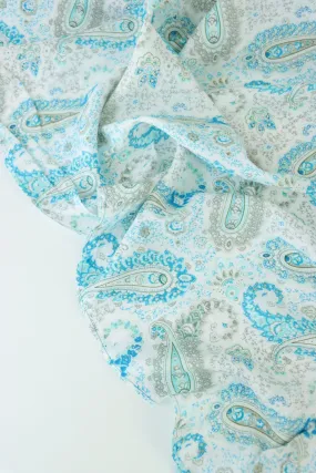 Aqua Blue Paisley on White Rayon Challis