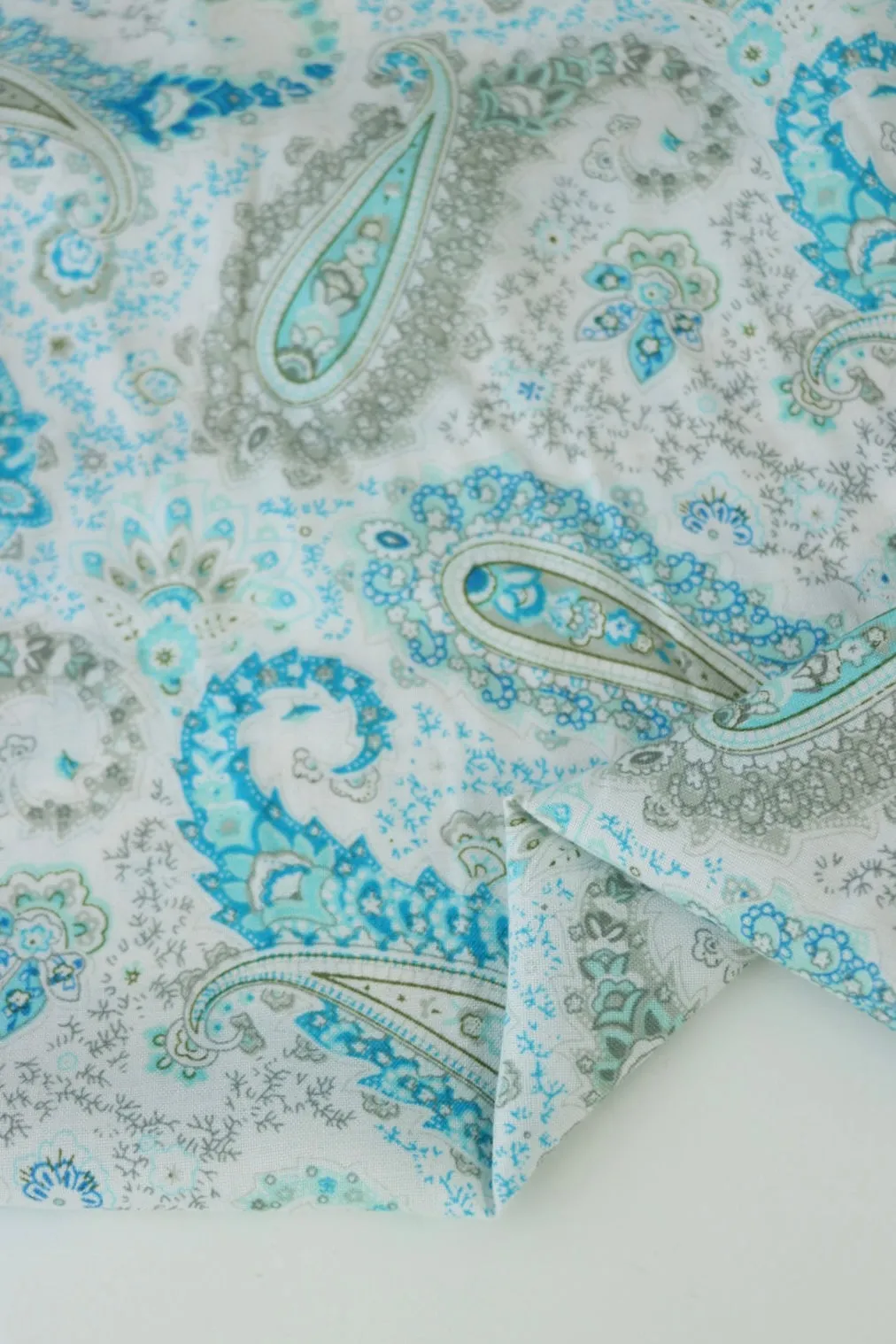 Aqua Blue Paisley on White Rayon Challis