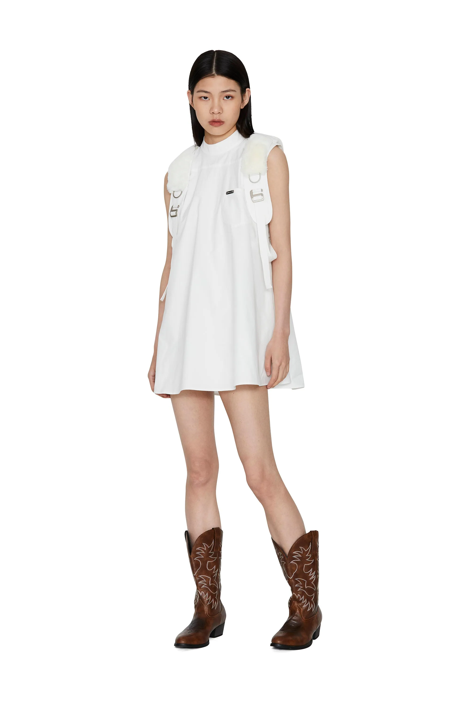 BABYDOLL DRESS WITH FAUX FUR HARNESS - WHITE