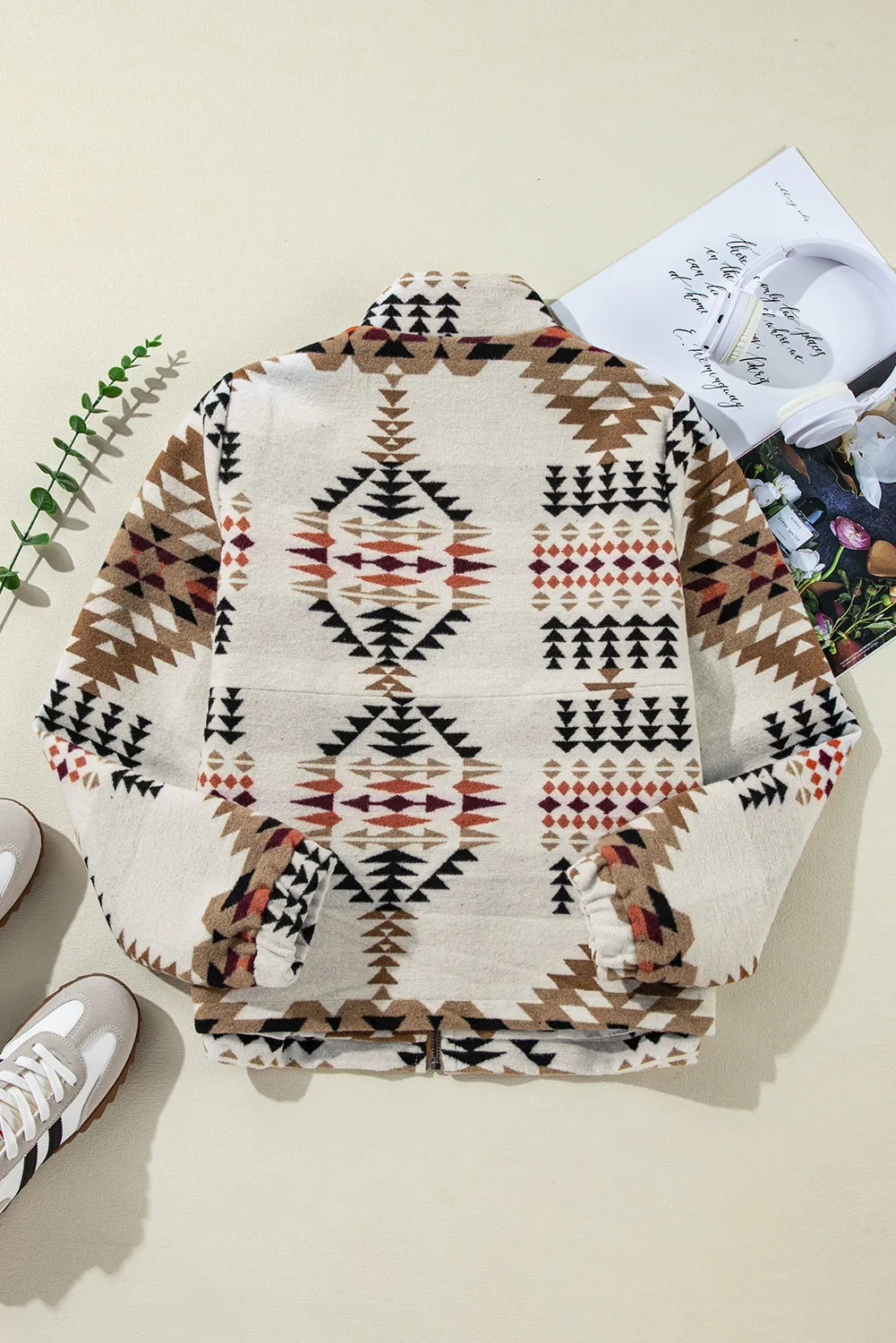 Beige Aztec Printed Stand Neck Zip Up Jacket