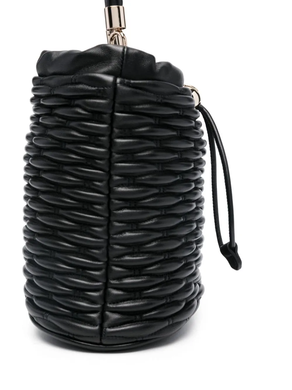 BLACK LEATHER WOVEN BUCKET BAG