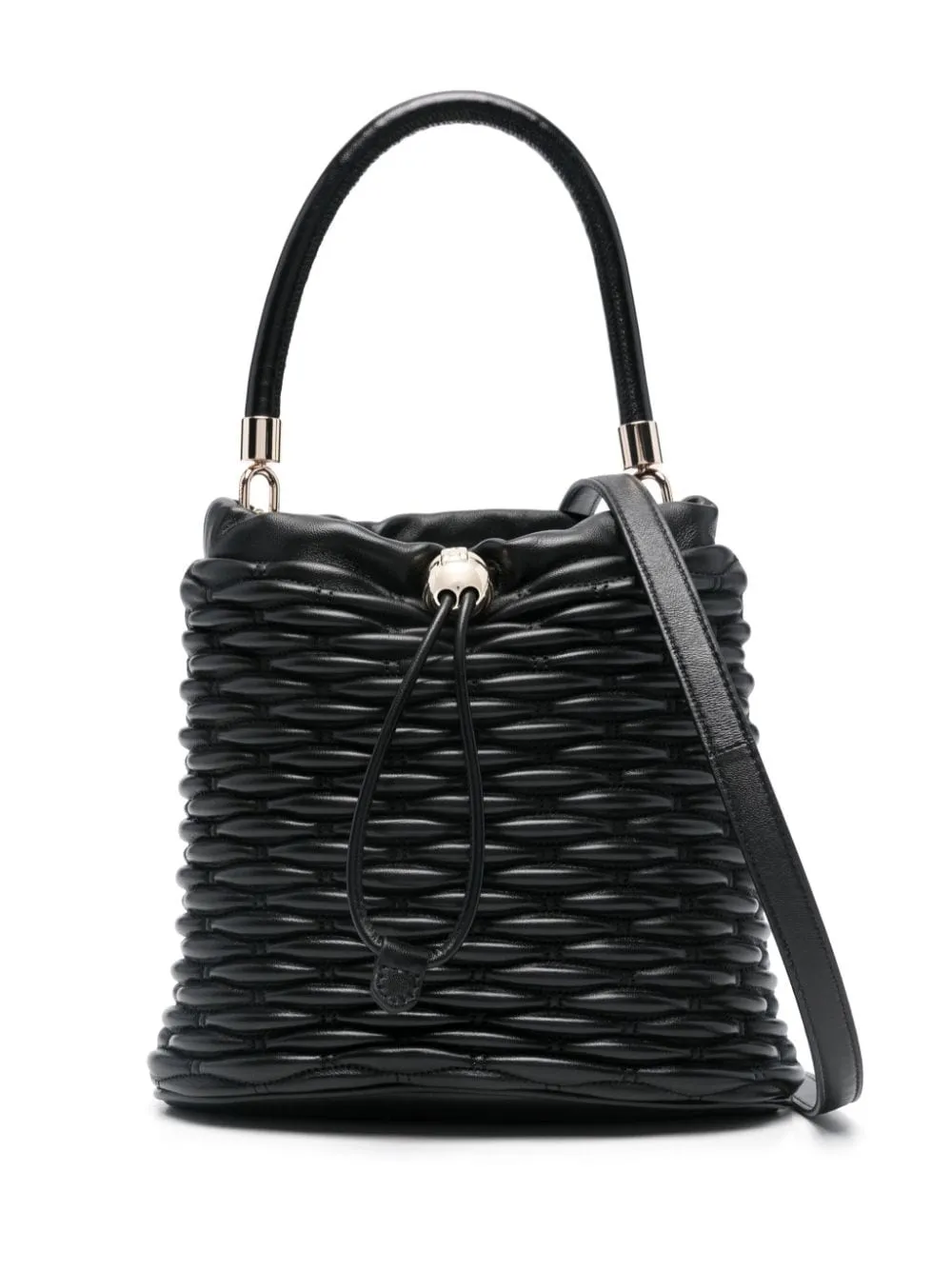 BLACK LEATHER WOVEN BUCKET BAG