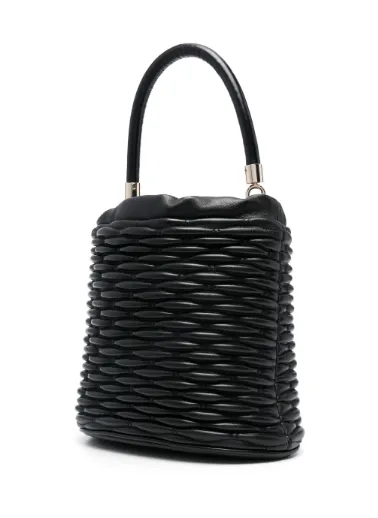 BLACK LEATHER WOVEN BUCKET BAG