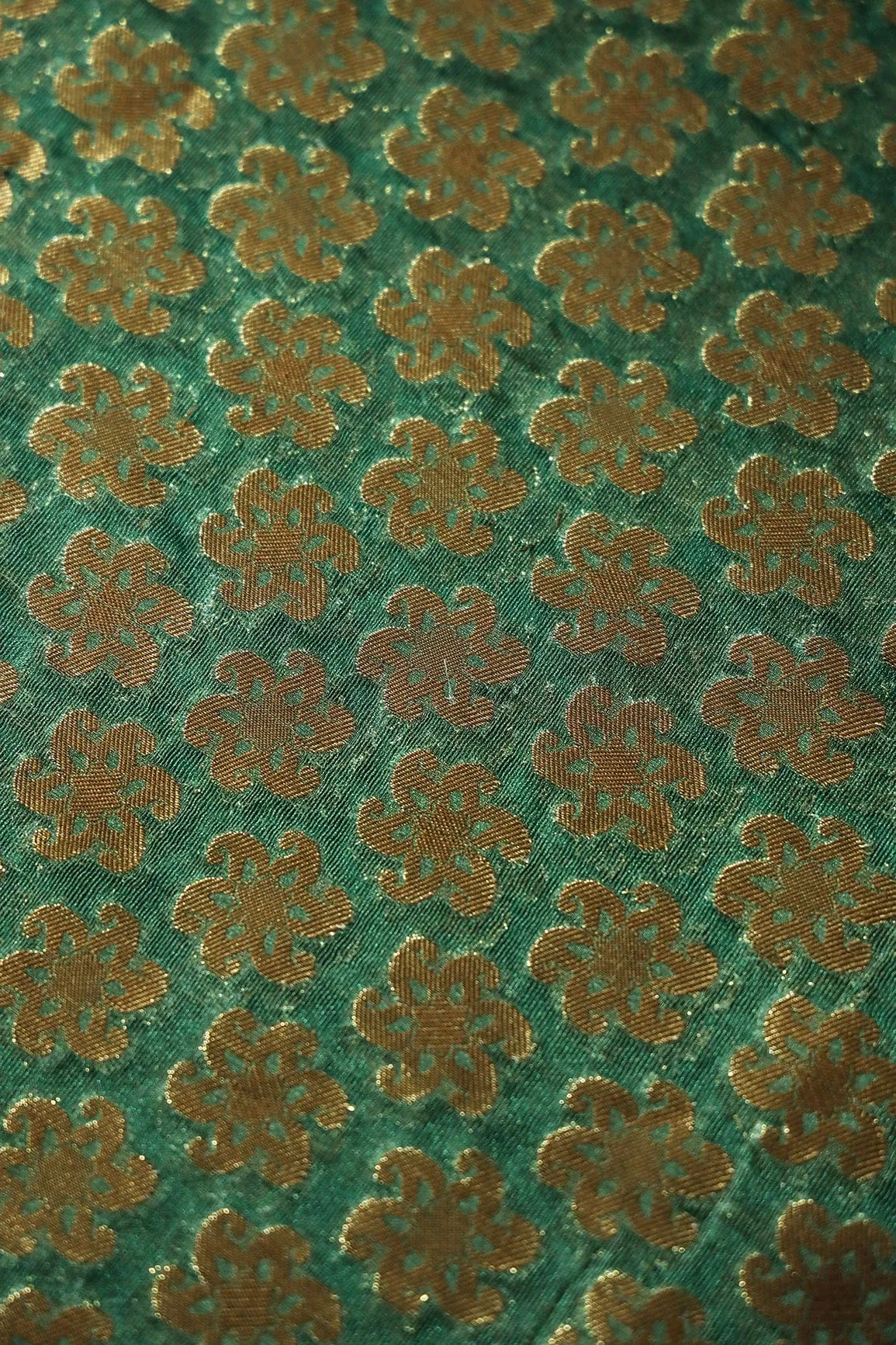 Bottle Green Floral Motif Pure Net Gold Zari Banarasi Jacquard Fabric