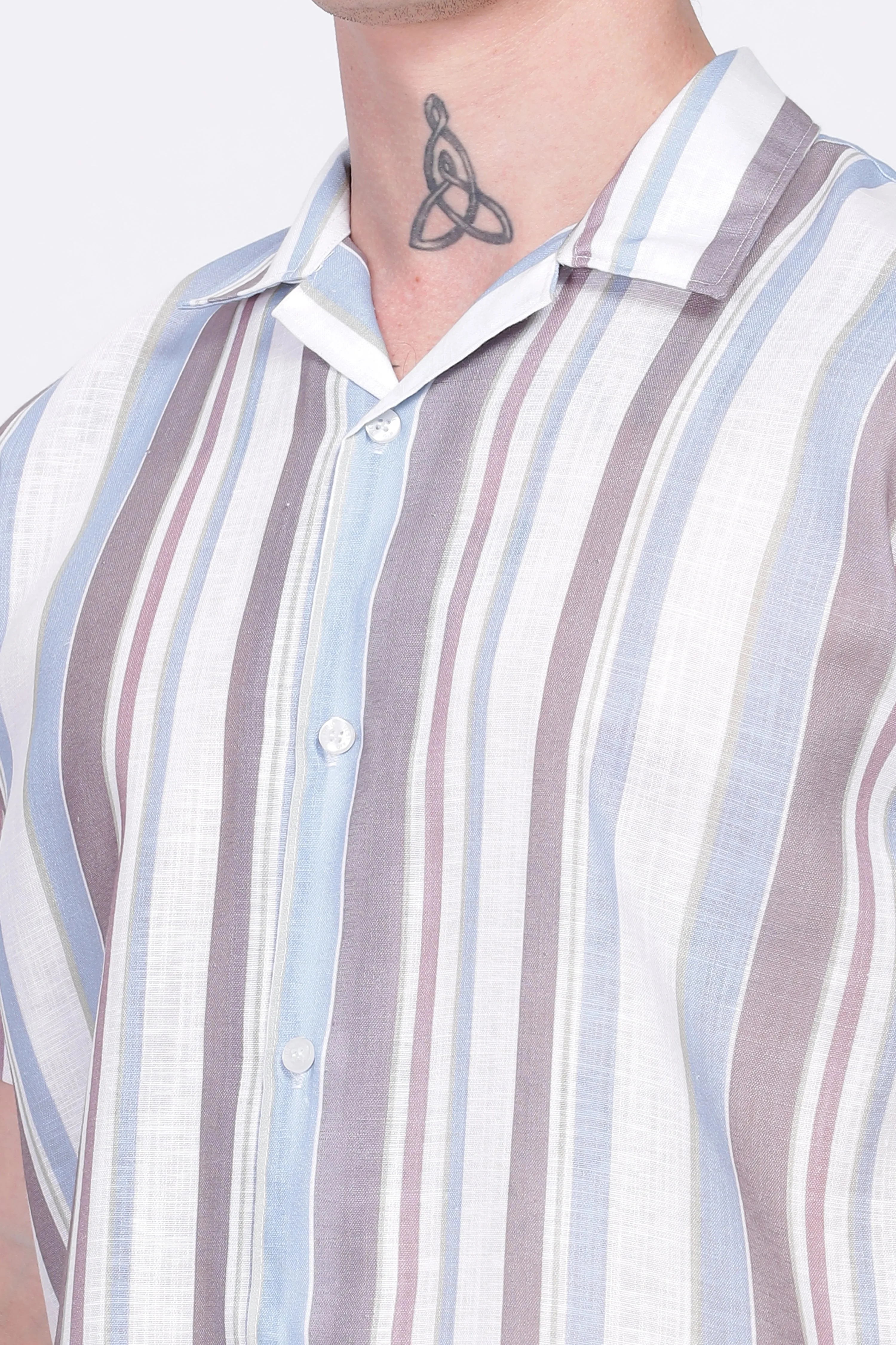 Brown and White stripe printed linen shirt for men