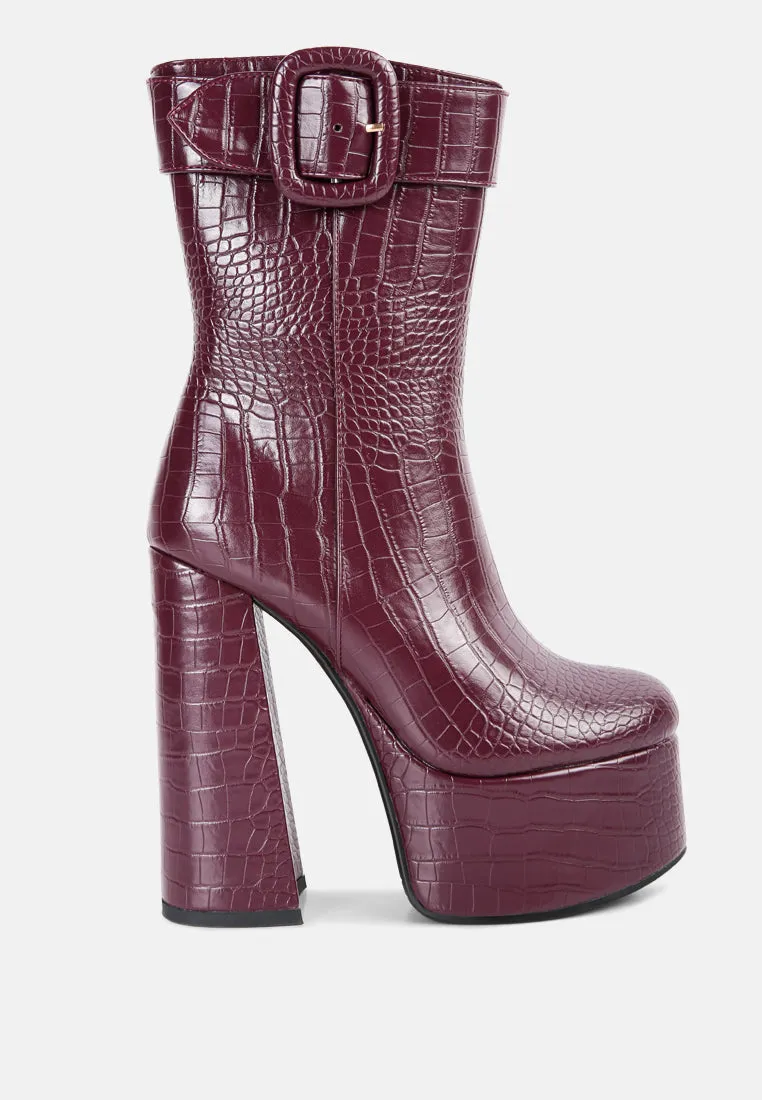 Bumpy Croc High Block Heeled Chunky Ankle Boots By Ruw