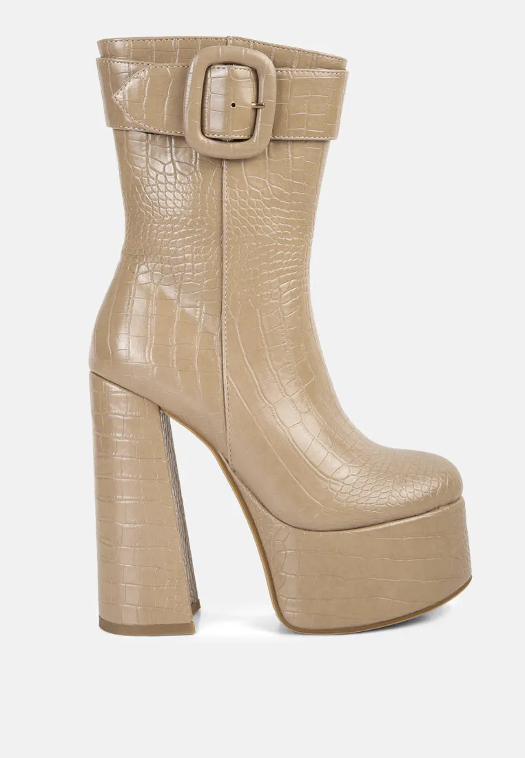 Bumpy Croc High Block Heeled Chunky Ankle Boots By Ruw