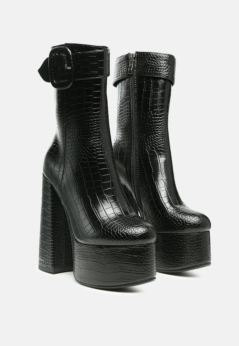 Bumpy Croc High Block Heeled Chunky Ankle Boots By Ruw