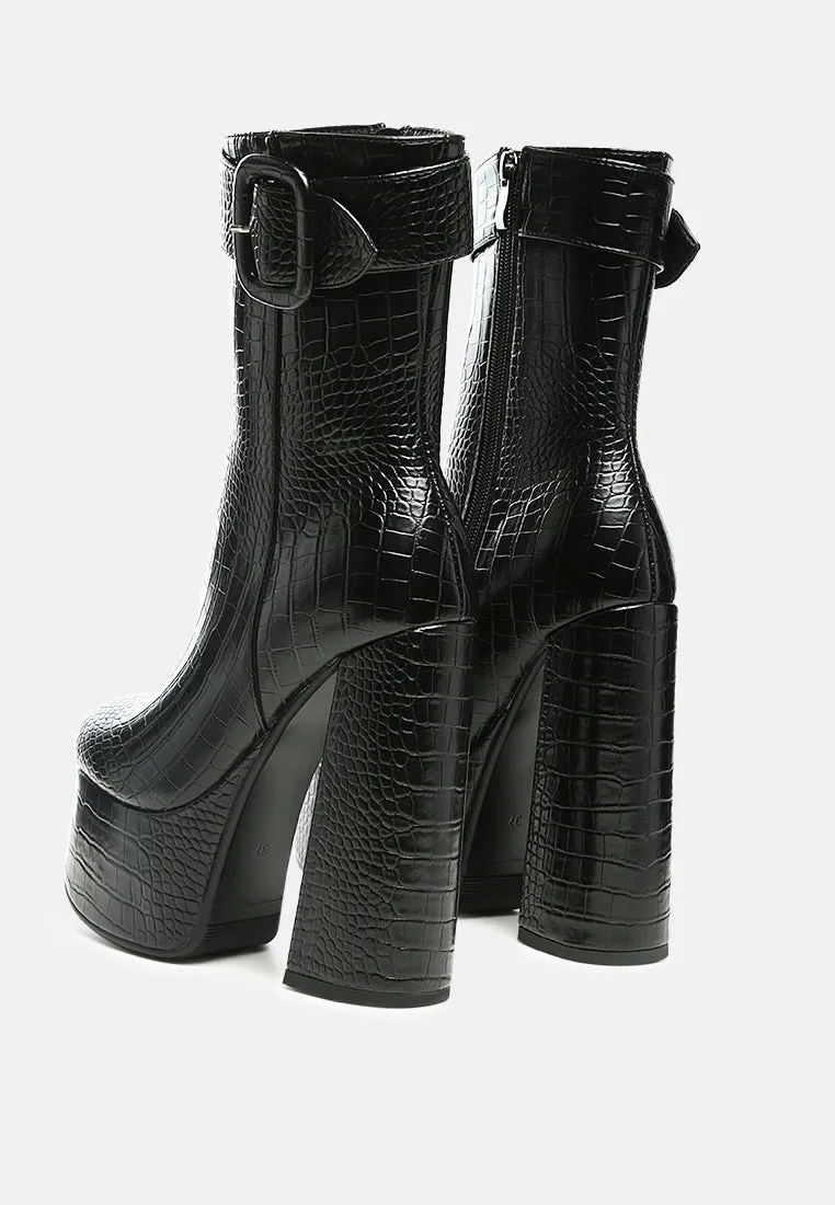 Bumpy Croc High Block Heeled Chunky Ankle Boots By Ruw