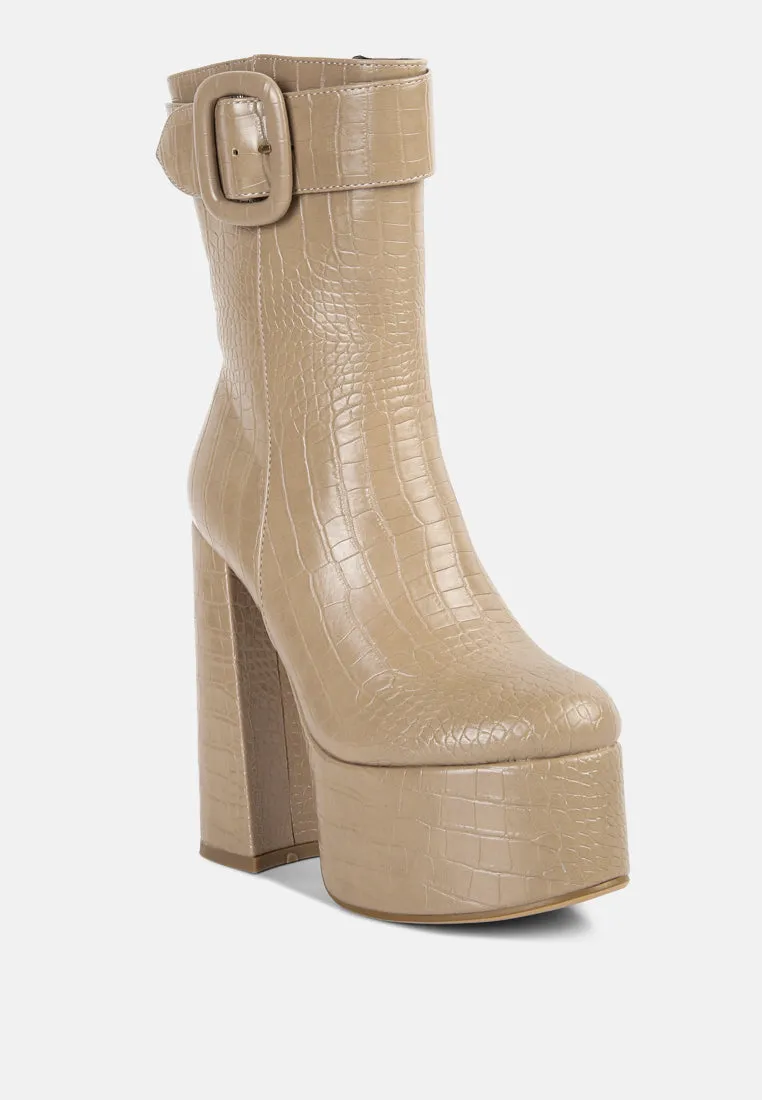 Bumpy Croc High Block Heeled Chunky Ankle Boots By Ruw