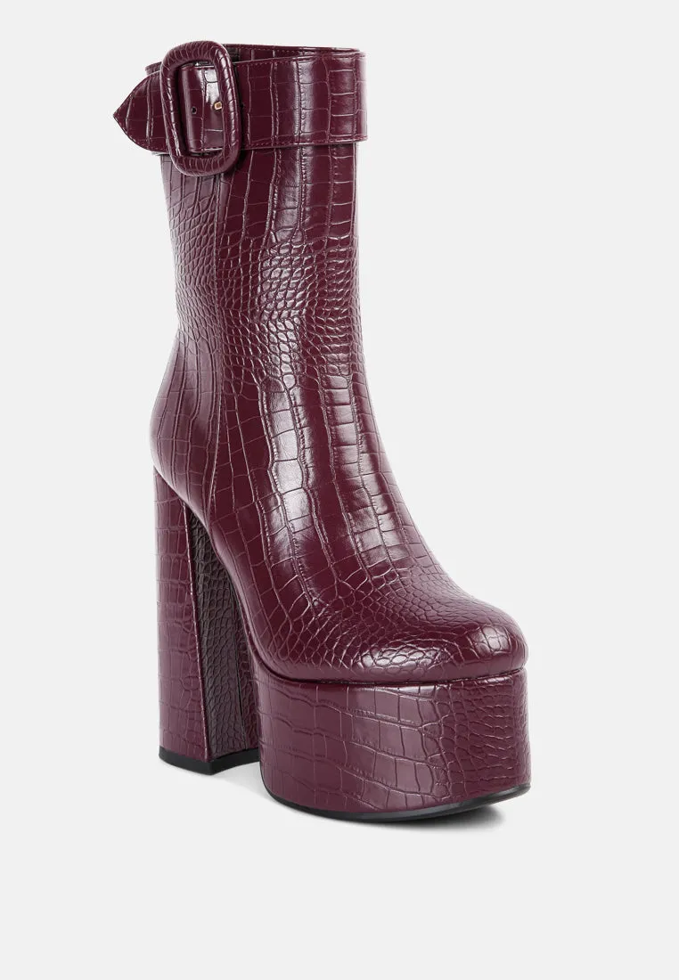 Bumpy Croc High Block Heeled Chunky Ankle Boots By Ruw