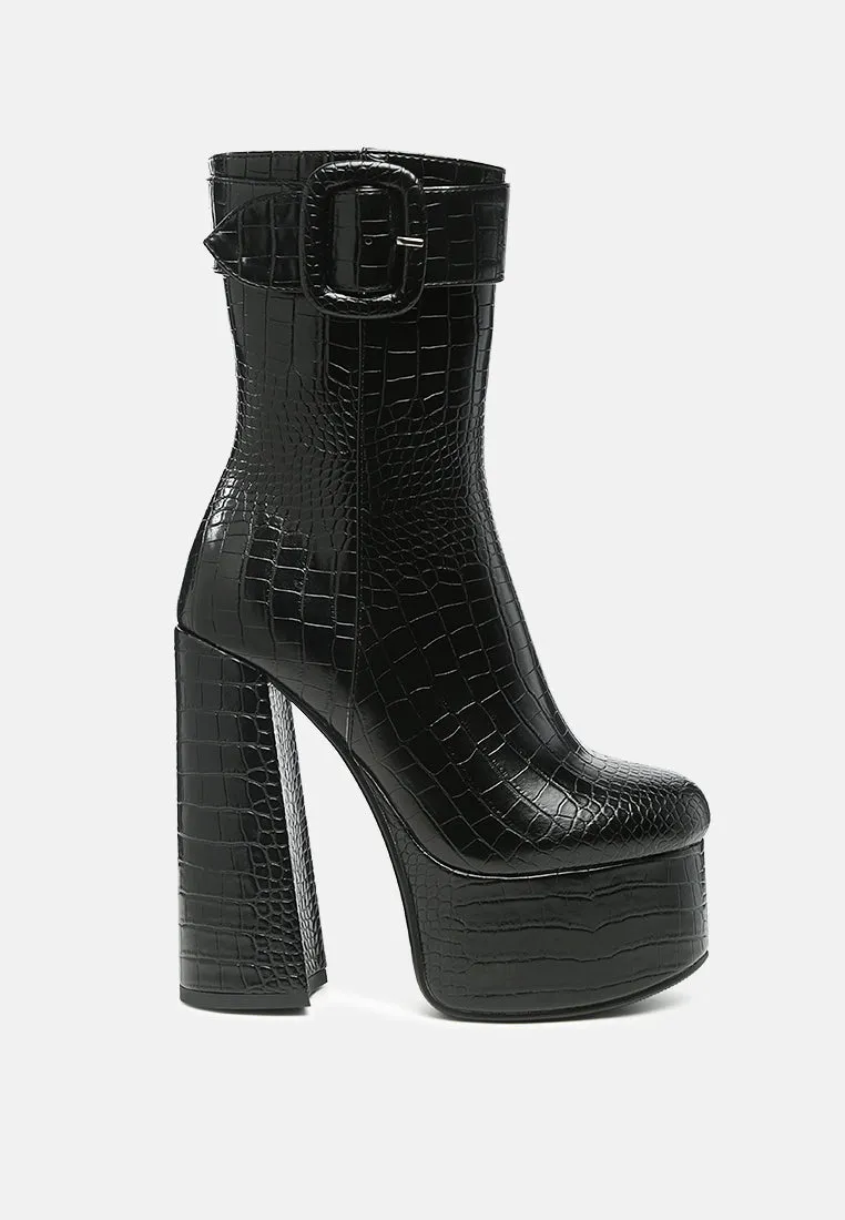 Bumpy Croc High Block Heeled Chunky Ankle Boots By Ruw