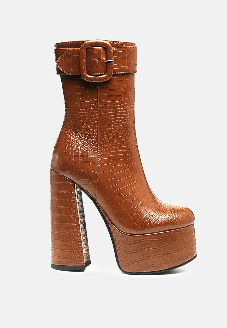 Bumpy Croc High Block Heeled Chunky Ankle Boots By Ruw