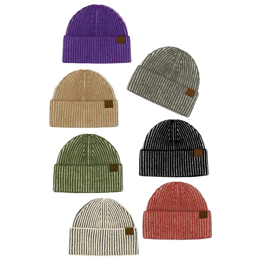 C.C Contrast Color Stripes Cuff Beanie