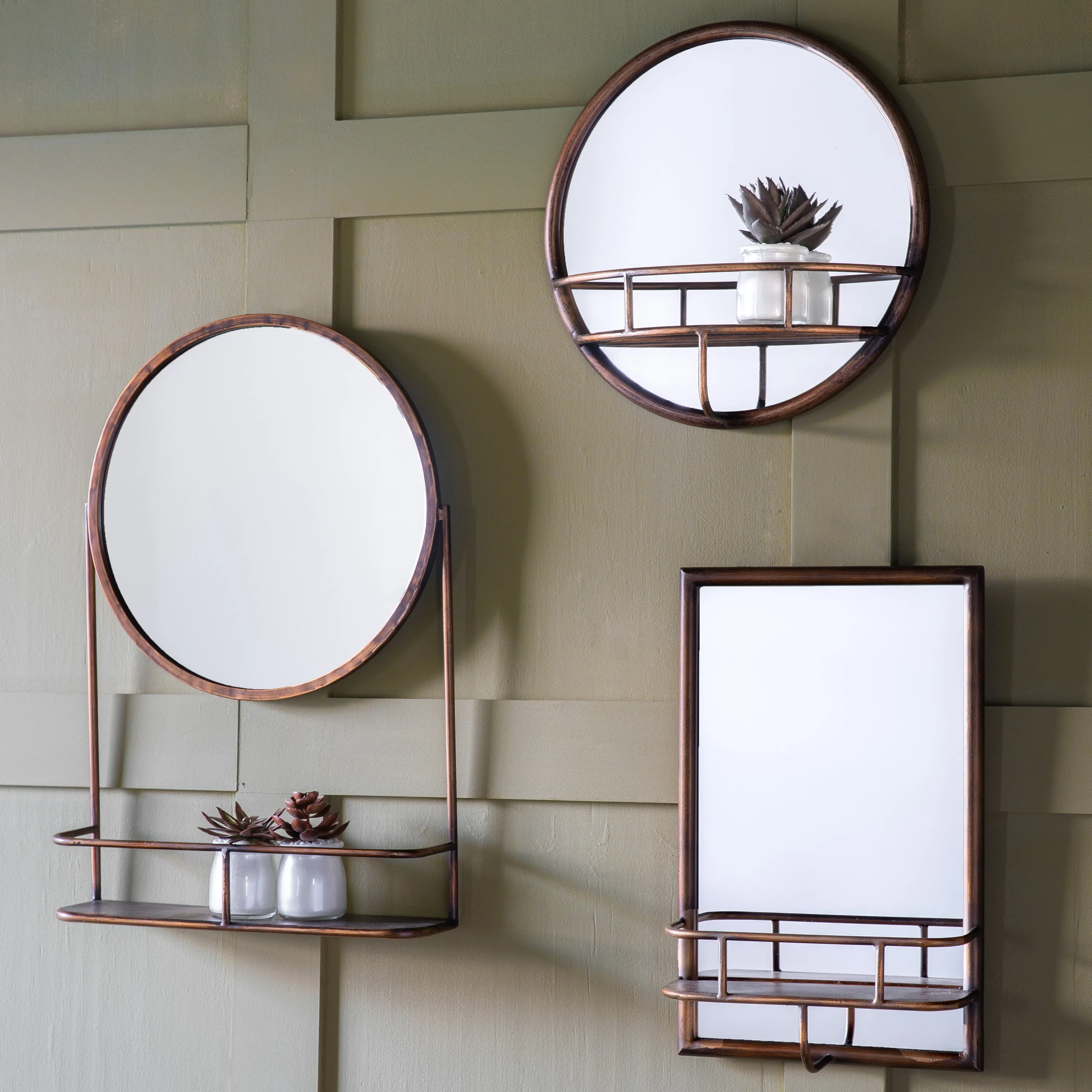 Compact Bronzed Circular Mirror With Shelf