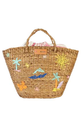 Embroidered Hyacinth Leaf Basket With Pink Stripe Bag