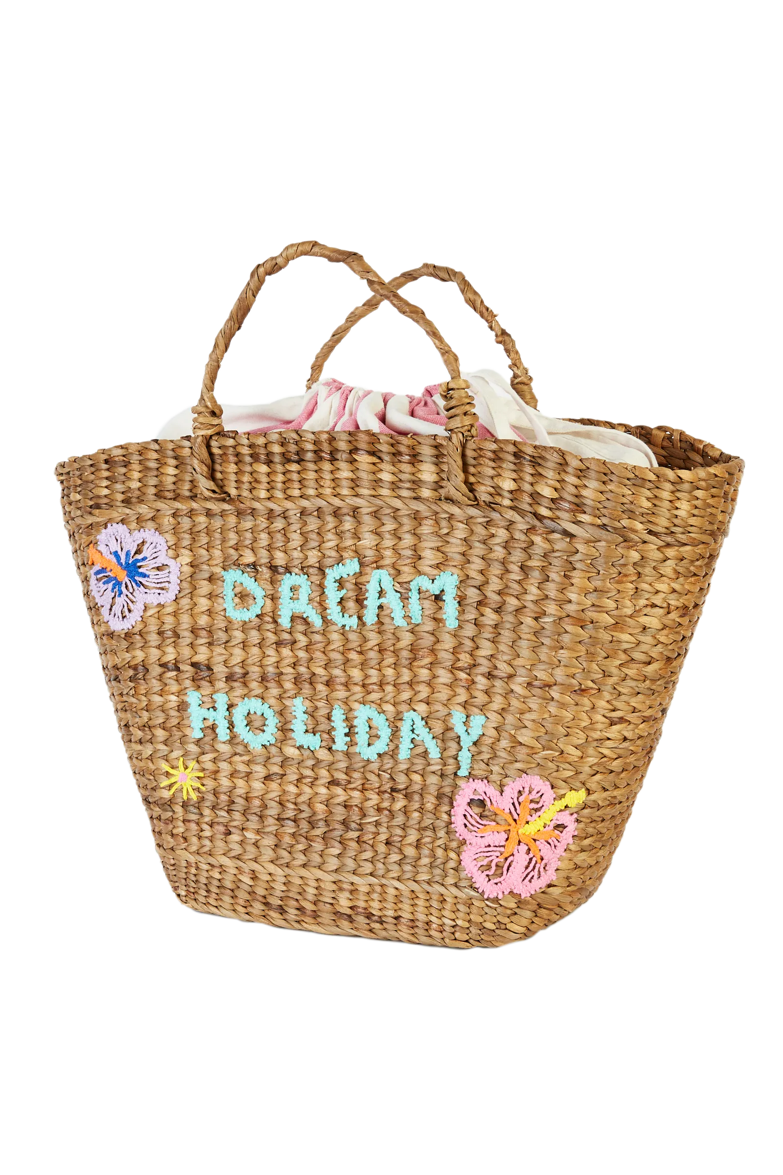 Embroidered Hyacinth Leaf Basket With Pink Stripe Bag