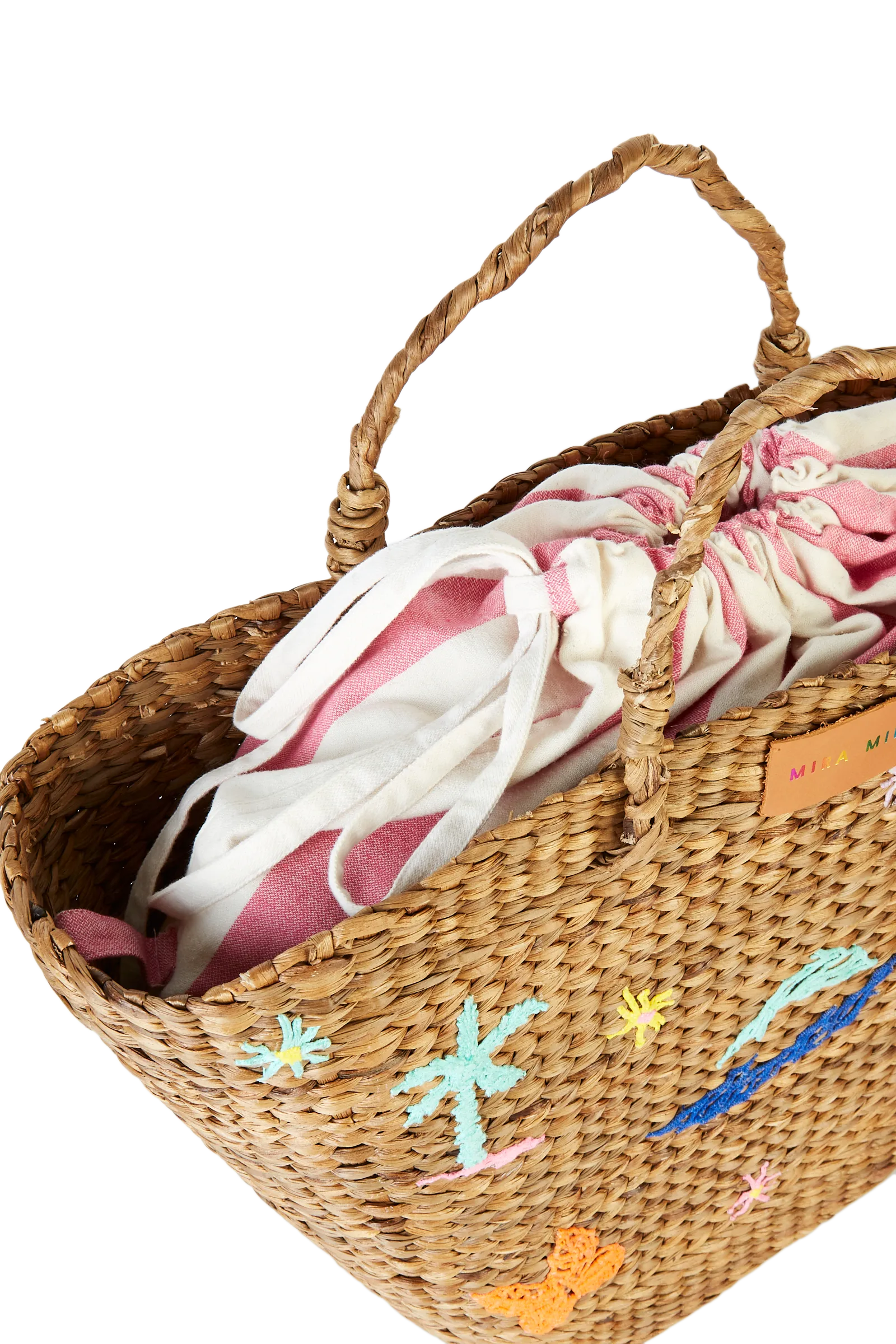 Embroidered Hyacinth Leaf Basket With Pink Stripe Bag