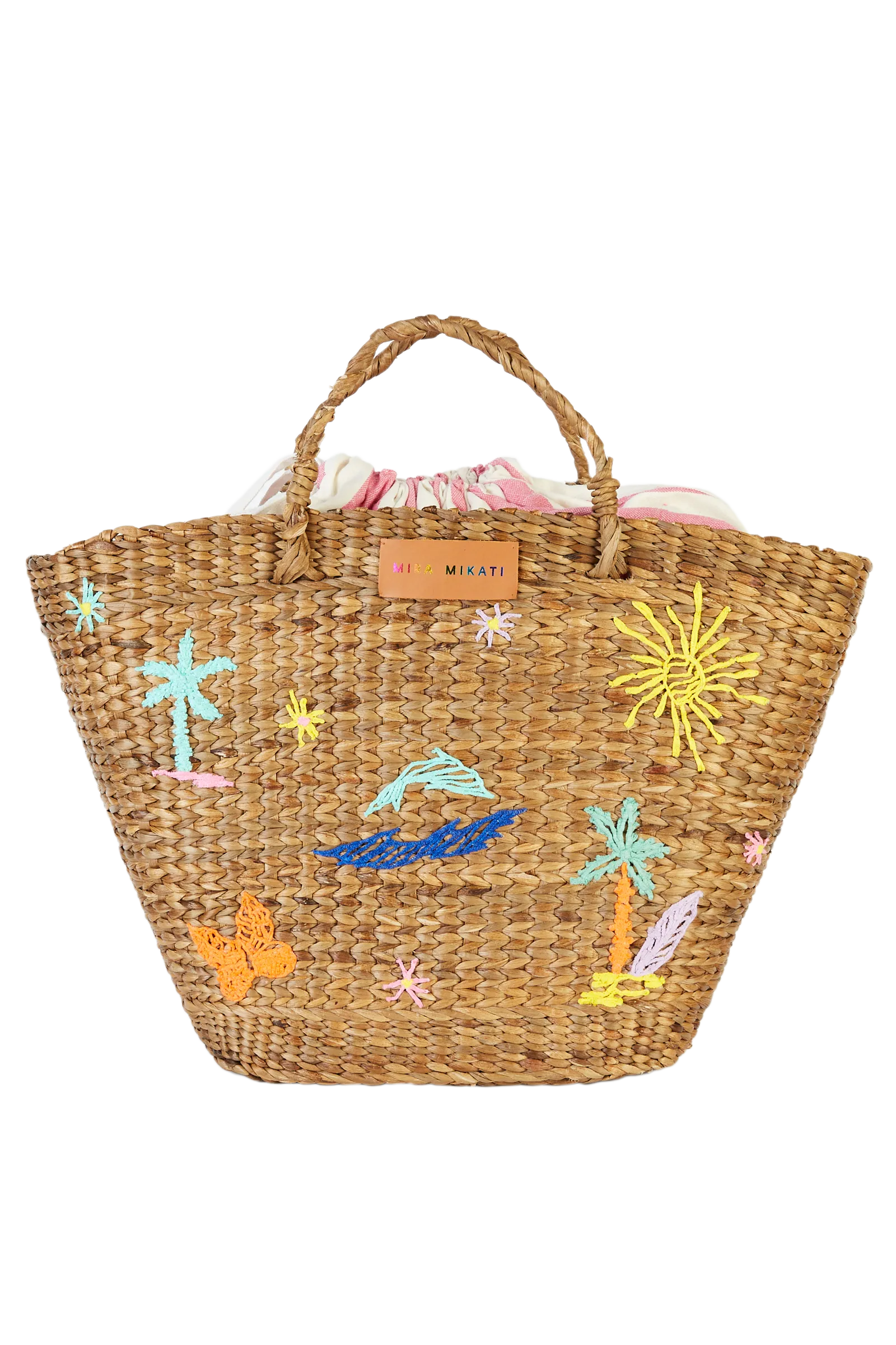 Embroidered Hyacinth Leaf Basket With Pink Stripe Bag