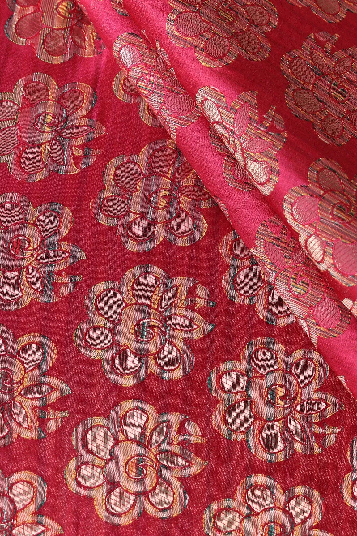 Fuchsia Floral Butta Silk Satin Jute Banarasi Jacquard Fabric