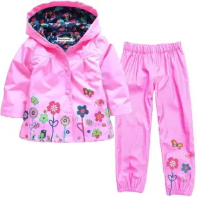 Girls Pink Floral Rain Mac and Pants