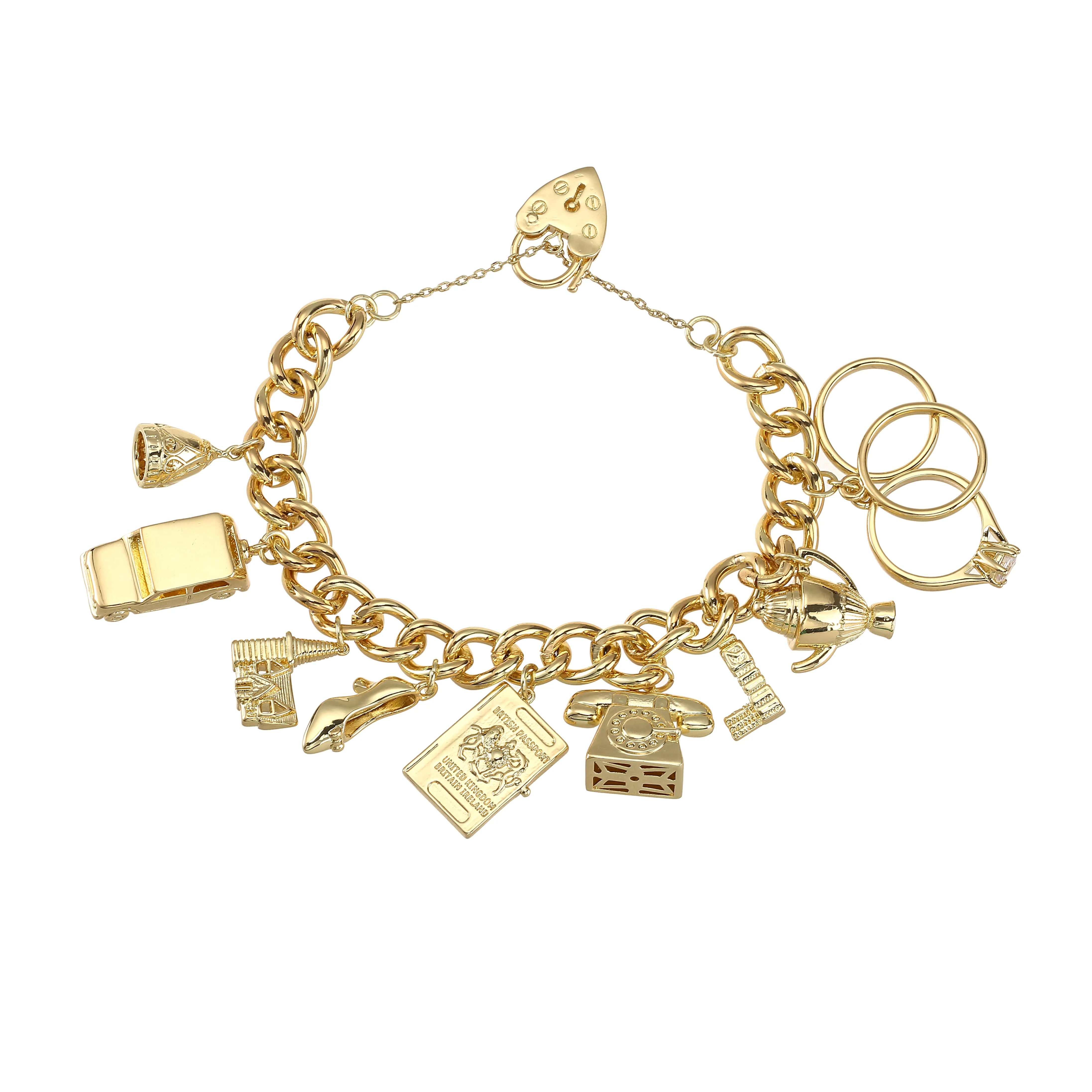 Gold Filled Great Britain Charm Bracelet Heart Padlock 8 Inch