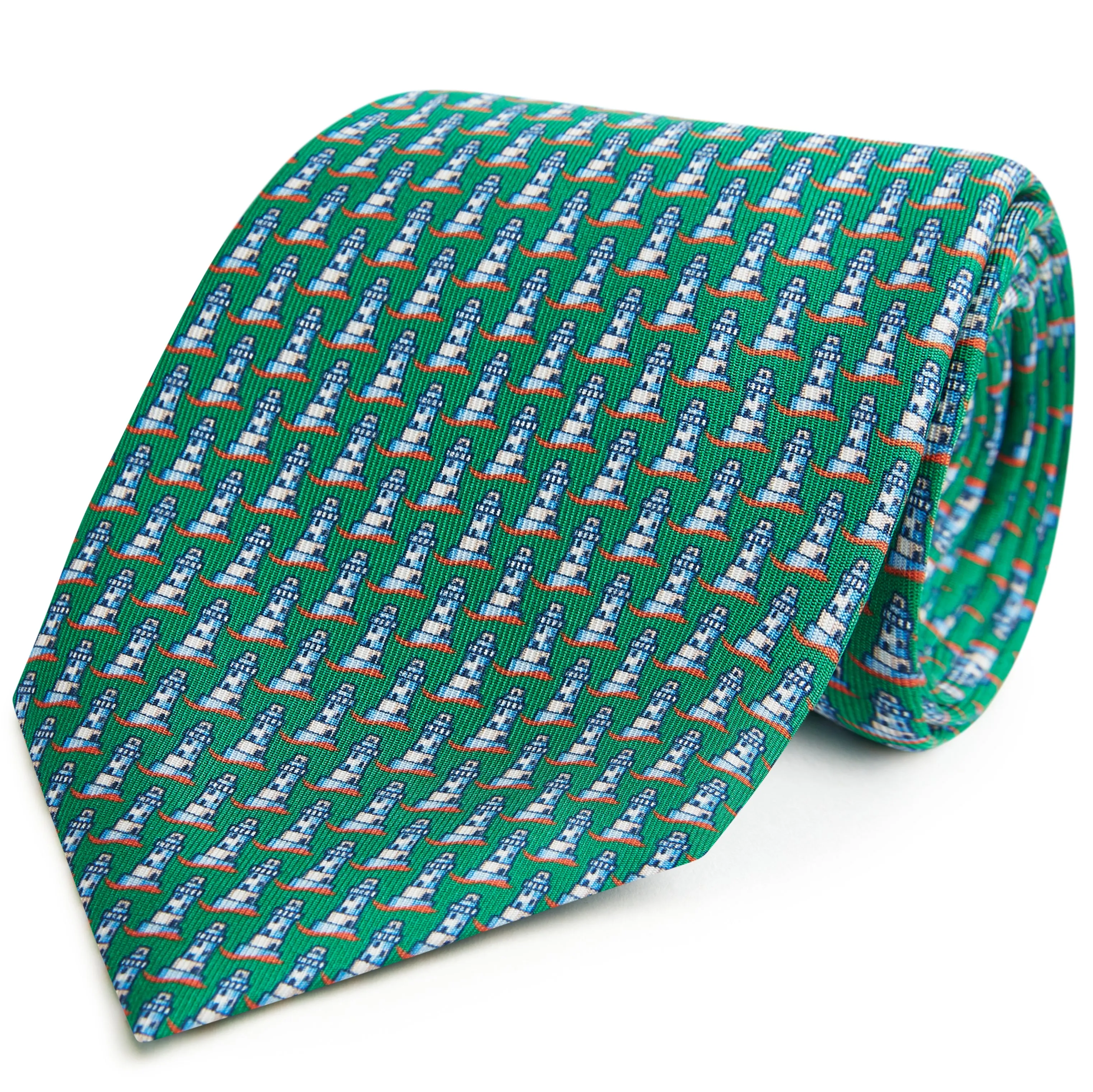 Green Lighthouse Printed Silk Tie