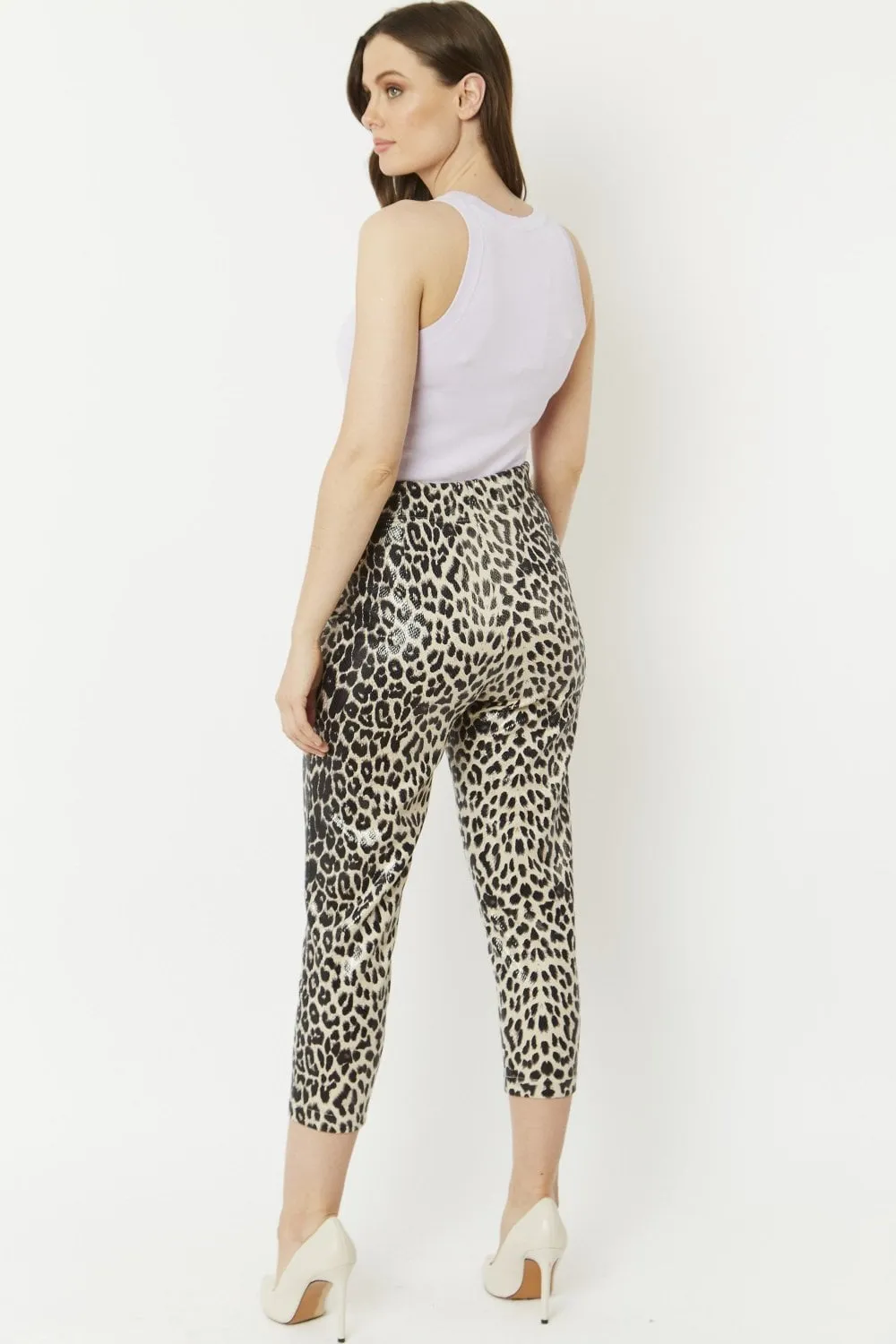 Grey Leopard Print Faux Suede Trousers