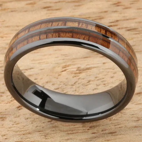 High Tech Black Ceramic Natural Koa Wood Double Row Oval Wedding Ring 6mm