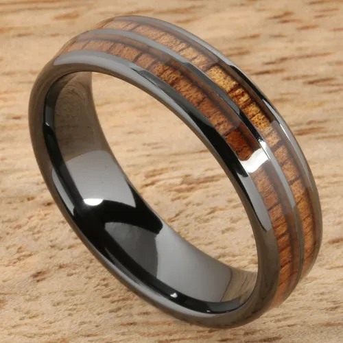 High Tech Black Ceramic Natural Koa Wood Double Row Oval Wedding Ring 6mm