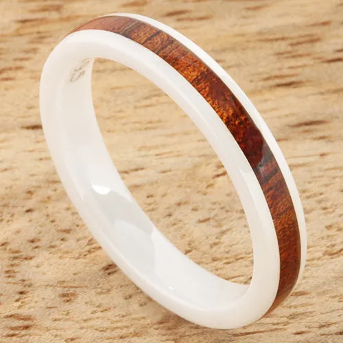 High Tech White Ceramic Natural Koa Wood Oval Wedding Ring 4mm