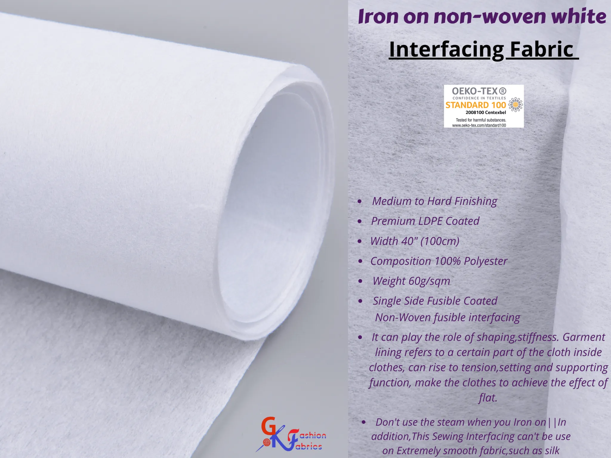 Iron on non woven White Interfacing fabric