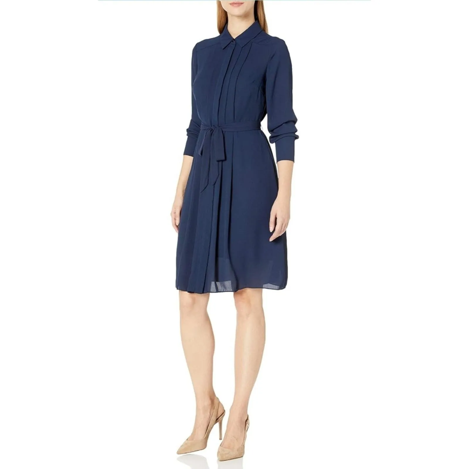 Nanette Lepore Long Sleeve Wide Pleat Collar Shirt Dress Navy