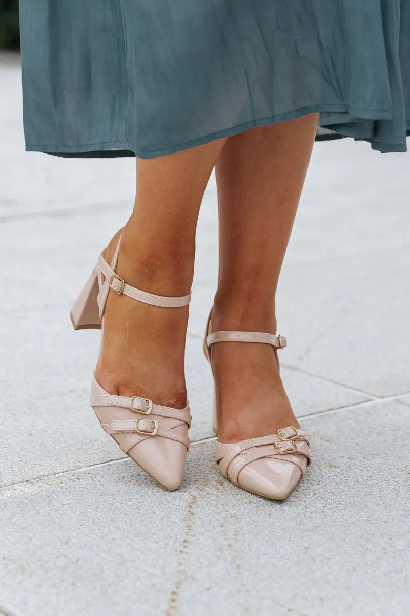 Nude Pointed Toe Block Heels