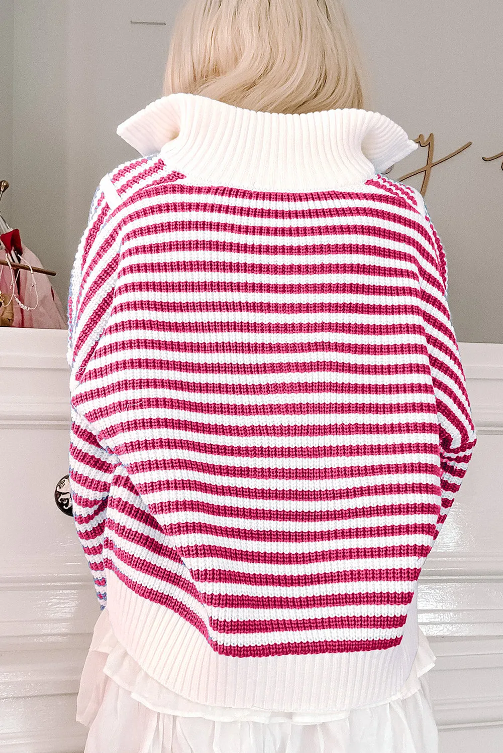 Pink Stripe Zip up Collar Drop Shoulder Sweater