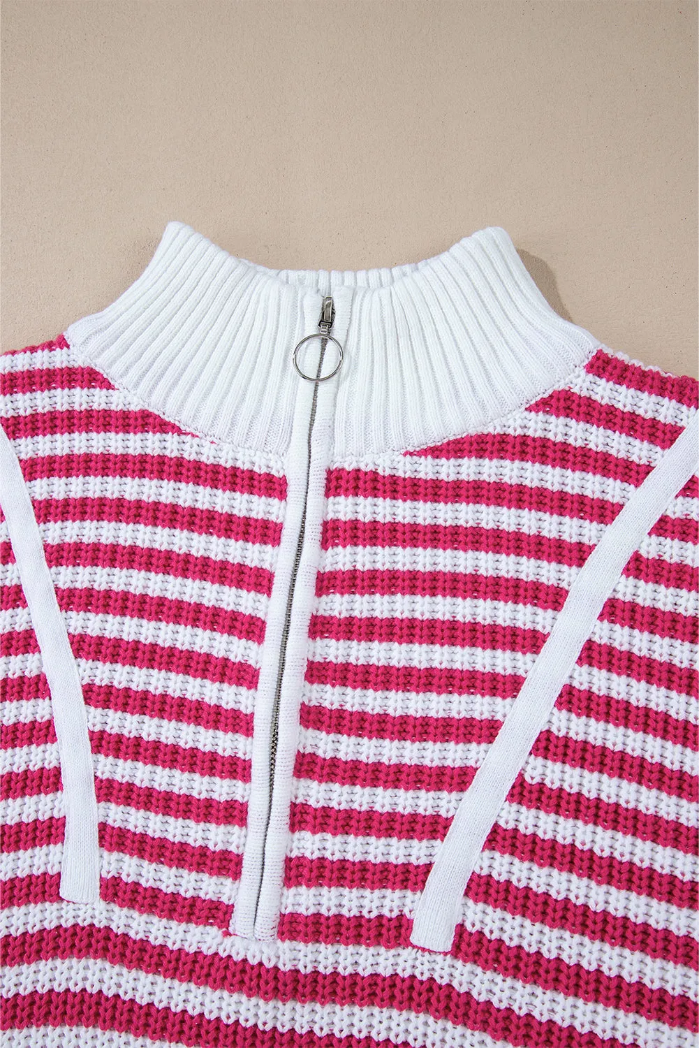 Pink Stripe Zip up Collar Drop Shoulder Sweater