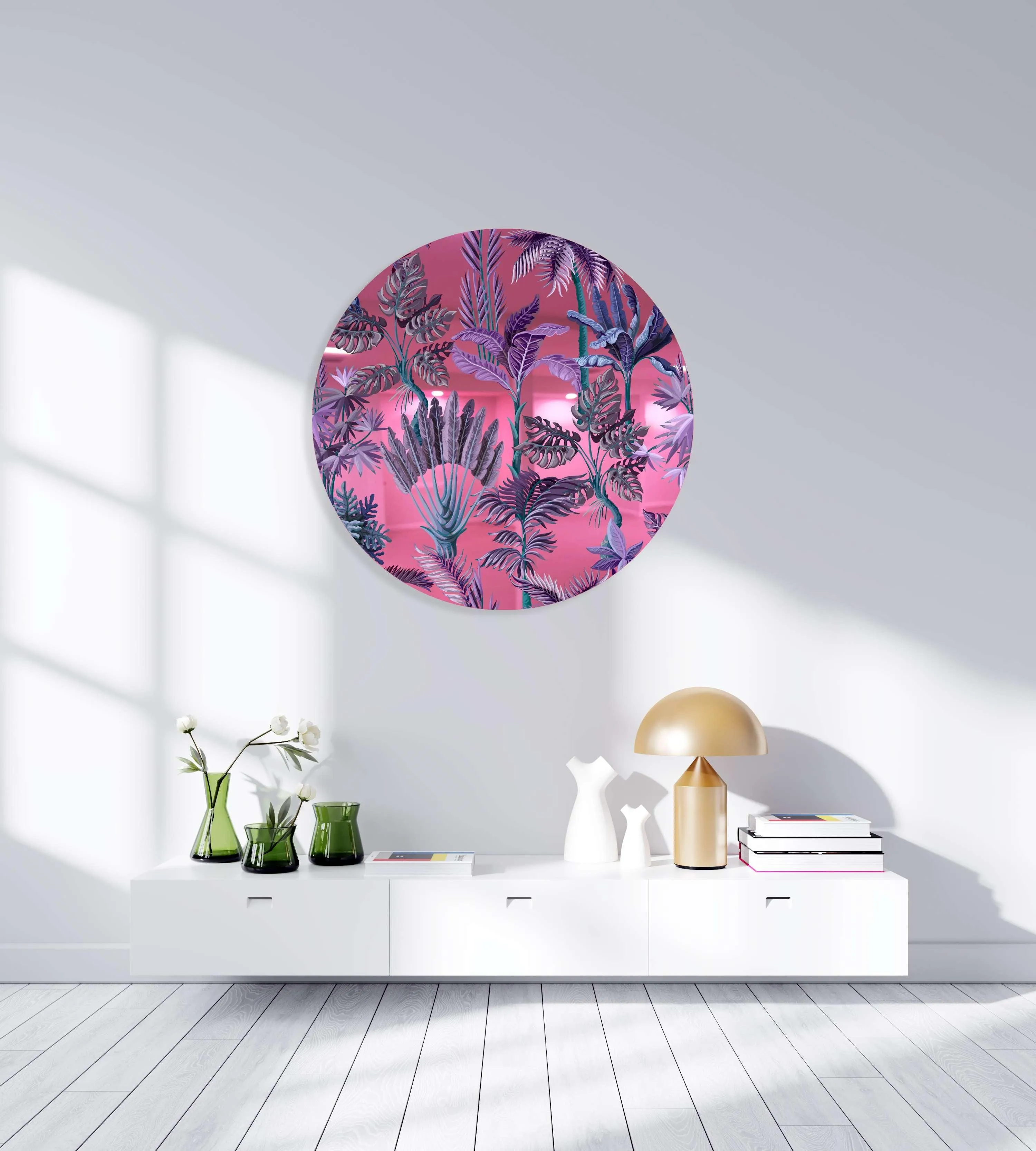 Purple Palm Leaves Printed Mirror Acrylic Circles