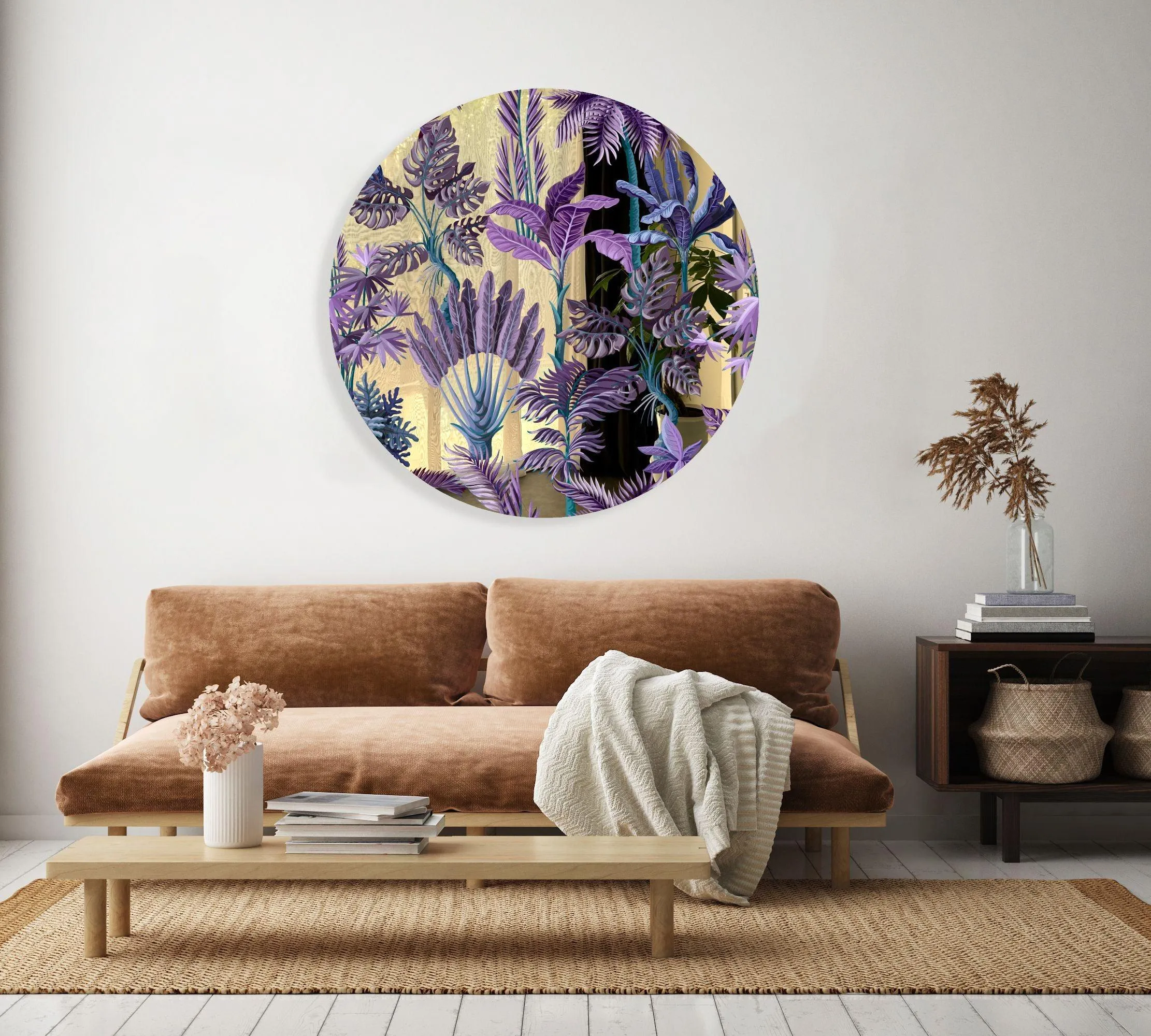 Purple Palm Leaves Printed Mirror Acrylic Circles