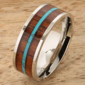 Stainless Steel Natural Koa Wood and Turquoise Triple Row Flat Wedding Ring 8mm