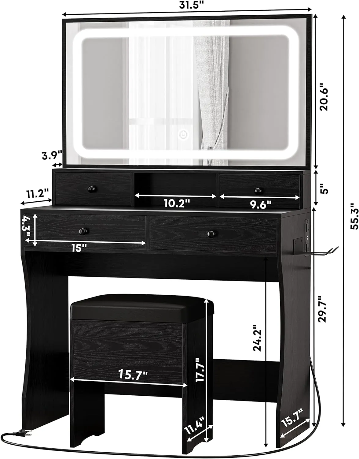 Vanity Desk with LED Lighted Mirror, Power Outlet, and 4 Drawers