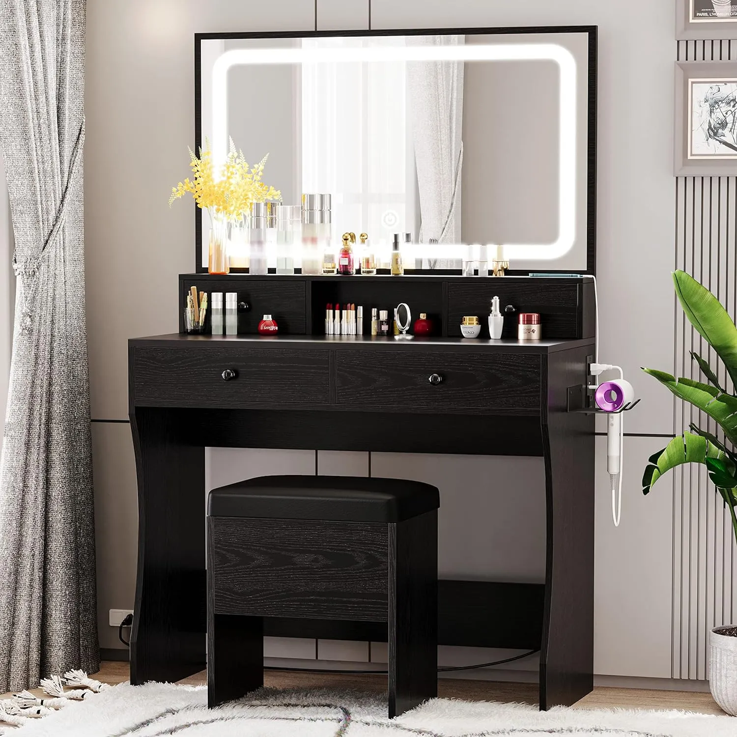 Vanity Desk with LED Lighted Mirror, Power Outlet, and 4 Drawers