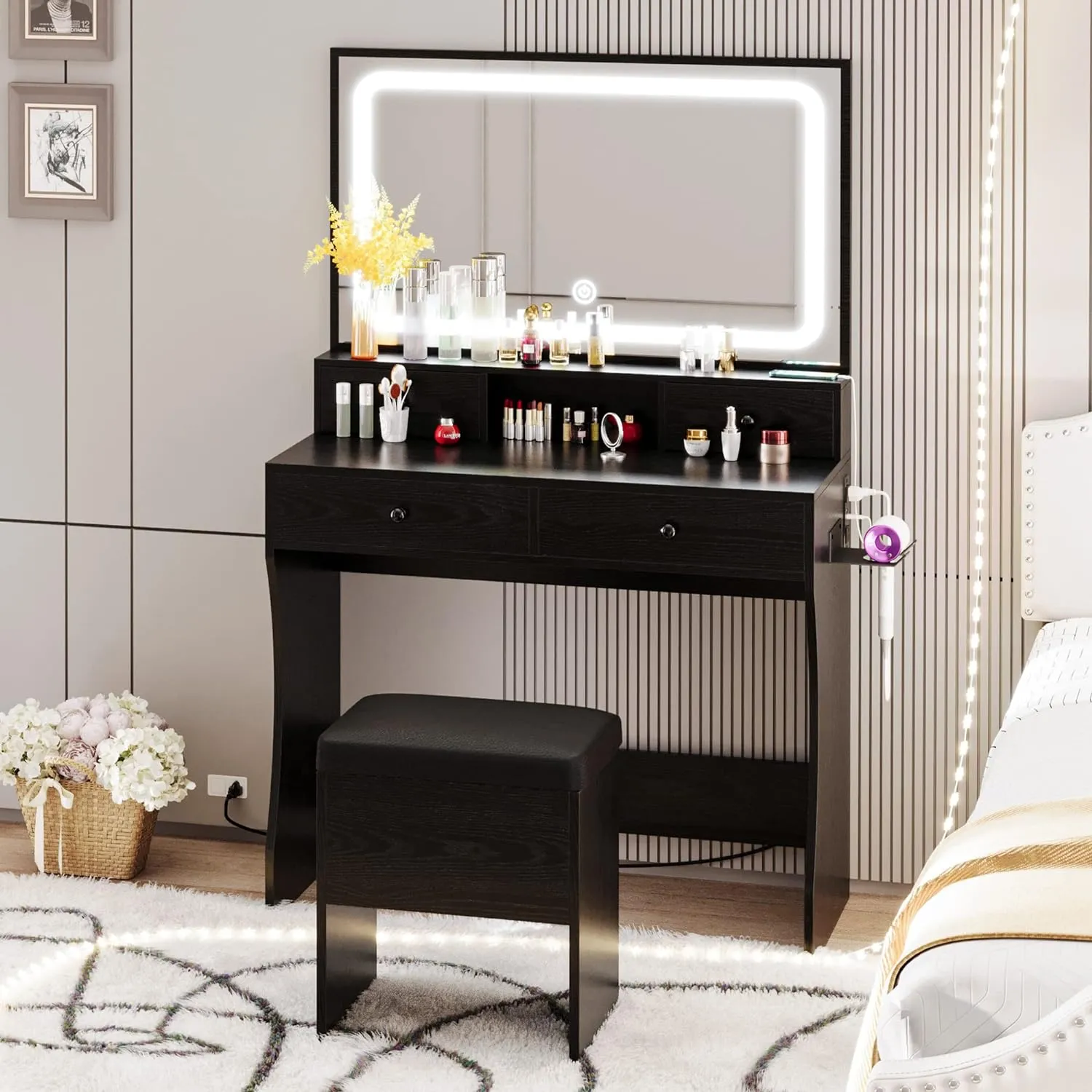 Vanity Desk with LED Lighted Mirror, Power Outlet, and 4 Drawers