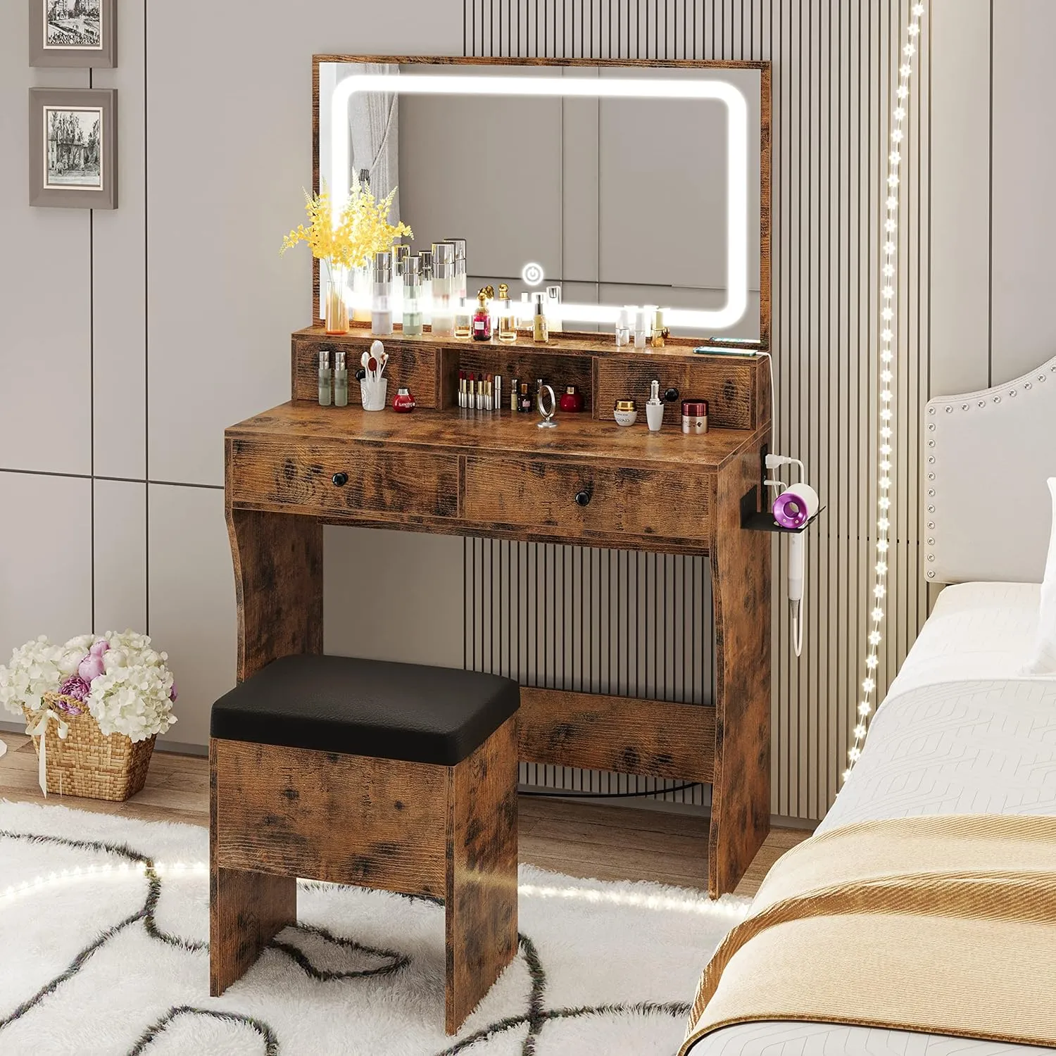 Vanity Desk with LED Lighted Mirror, Power Outlet, and 4 Drawers